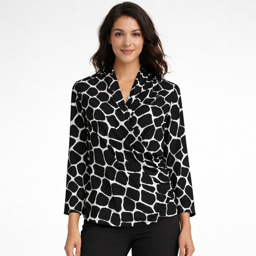 Vince Camuto Black & White Geometric Print Wrap Style Top Size Large